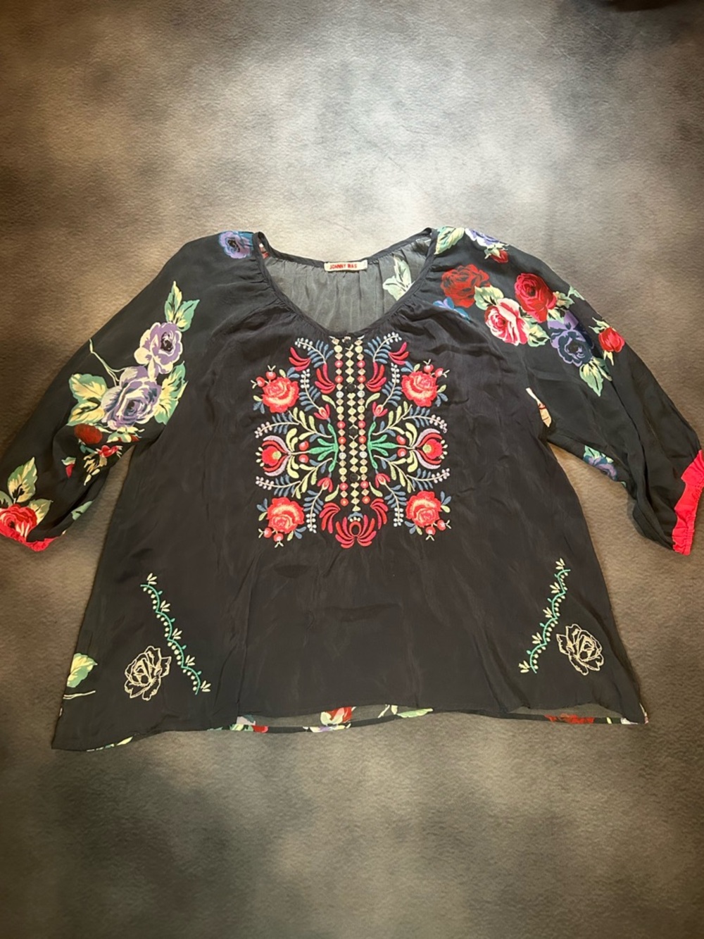 Johnny Was Navy Blue Tunic with Multicolor Floral Embroidery- Large